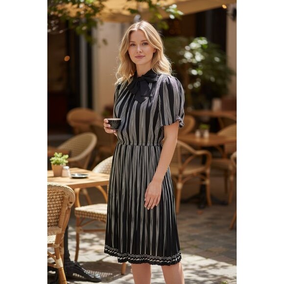 Karl Lagerfeld Paris Womens 12 Black & White Striped Chiffon Bow Neck Dress - Picture 1 of 12